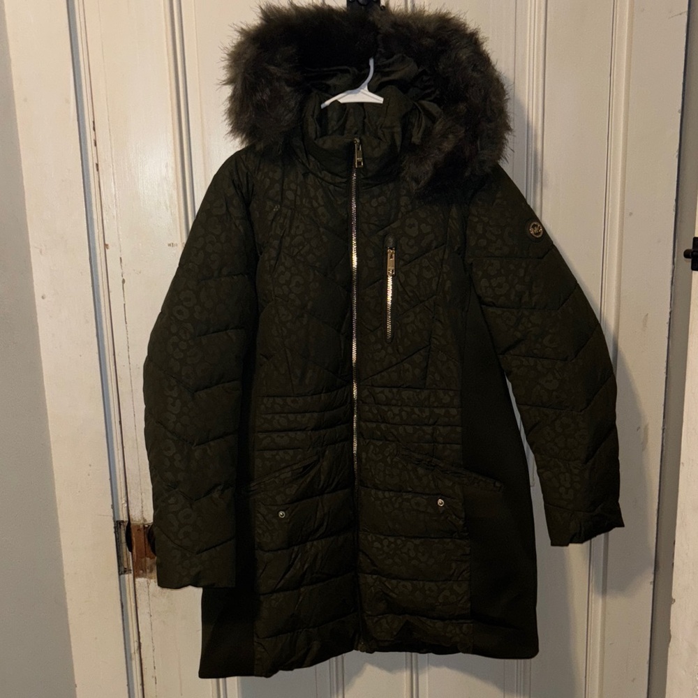 Michael Kors Dark Green Puffer Coat with Fur Hood
